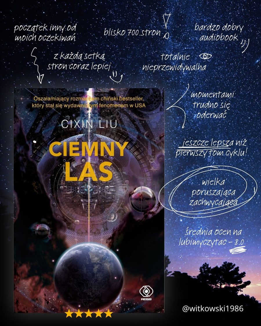 Okładka książki Cixin Liu - Ciemny las na tle rozgwieżdżonego nieba, z odręcznymi notatkami z recenzji